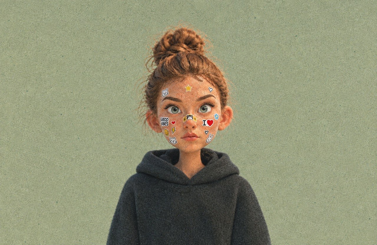 Alina's character with stickers on her face